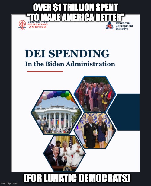 Trump Will Fix It | OVER $1 TRILLION SPENT
"TO MAKE AMERICA BETTER"; (FOR LUNATIC DEMOCRATS) | image tagged in biden,dei | made w/ Imgflip meme maker