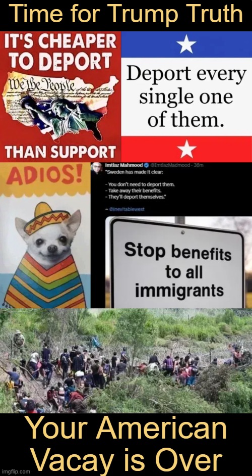 What's wrong w/ supporting masses of unvetted strangers? EVERYTHING! | Time for Trump Truth; Your American Vacay is Over | image tagged in america,wake up,illegal aliens,wait that's illegal,liberals vs conservatives,funny because it's true | made w/ Imgflip meme maker