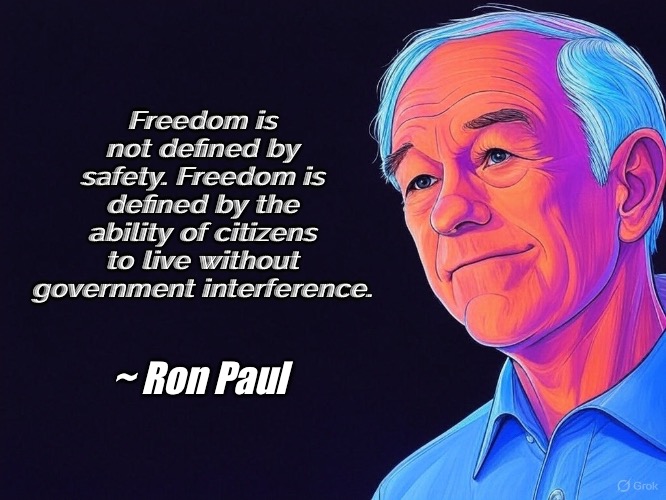 Ron Paul is right | Freedom is not defined by safety. Freedom is defined by the ability of citizens to live without government interference. ~ Ron Paul | made w/ Imgflip meme maker