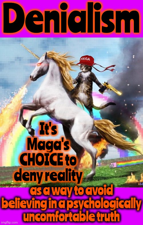 Living In Denial Is Living In Survival Mode And That's NOT Living. That's Not Even Survival.  That's Cowardess | Denialism; It's Maga's CHOICE to deny reality; as a way to avoid believing in a psychologically uncomfortable truth | image tagged in memes,welcome to the internets,donald trump is a convicted rapist,maga is in denial,maga,lock him up | made w/ Imgflip meme maker