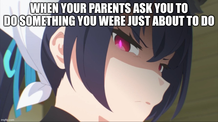 Serika Death Stare | WHEN YOUR PARENTS ASK YOU TO DO SOMETHING YOU WERE JUST ABOUT TO DO | image tagged in serika death stare | made w/ Imgflip meme maker