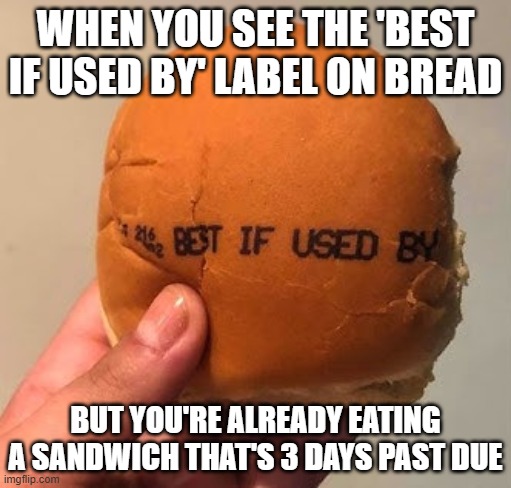 bread | WHEN YOU SEE THE 'BEST IF USED BY' LABEL ON BREAD; BUT YOU'RE ALREADY EATING A SANDWICH THAT'S 3 DAYS PAST DUE | image tagged in bread | made w/ Imgflip meme maker