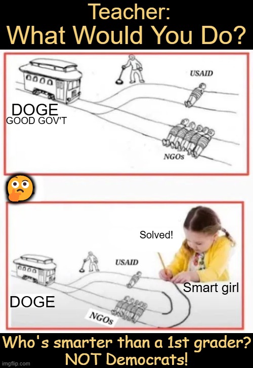 First Grader Fixed it! | Teacher:; What Would You Do? DOGE; GOOD GOV'T; 🤔; Solved! Smart girl; DOGE; Who's smarter than a 1st grader?
NOT Democrats! | image tagged in doge,dept of gov't efficiency,first grader,smart,democrats not smart,problem solved | made w/ Imgflip meme maker