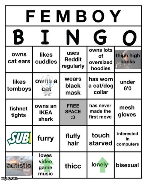 Femboy Bingo | image tagged in femboy bingo | made w/ Imgflip meme maker