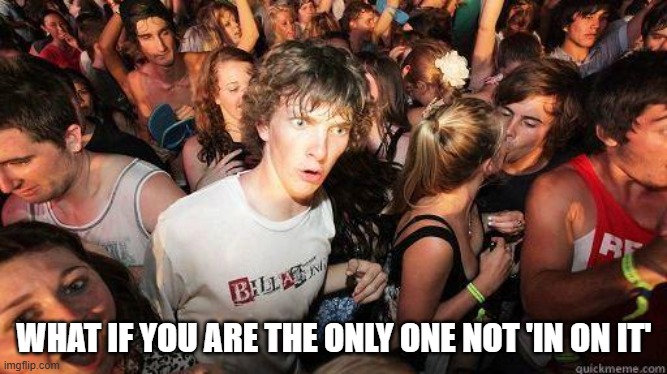 You're not in on it | WHAT IF YOU ARE THE ONLY ONE NOT 'IN ON IT' | image tagged in sudden realization | made w/ Imgflip meme maker