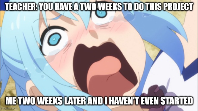 words from the wise JUST DO IT AND GET IT DONE | TEACHER: YOU HAVE A TWO WEEKS TO DO THIS PROJECT; ME TWO WEEKS LATER AND I HAVEN'T EVEN STARTED | image tagged in school,memes,relatable,anime | made w/ Imgflip meme maker