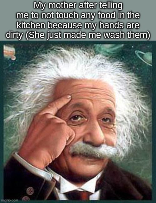 Why make me wash my hands when I can't touch anything anyways? | My mother after telling me to not touch any food in the kitchen because my hands are dirty (She just made me wash them) | image tagged in einstein | made w/ Imgflip meme maker