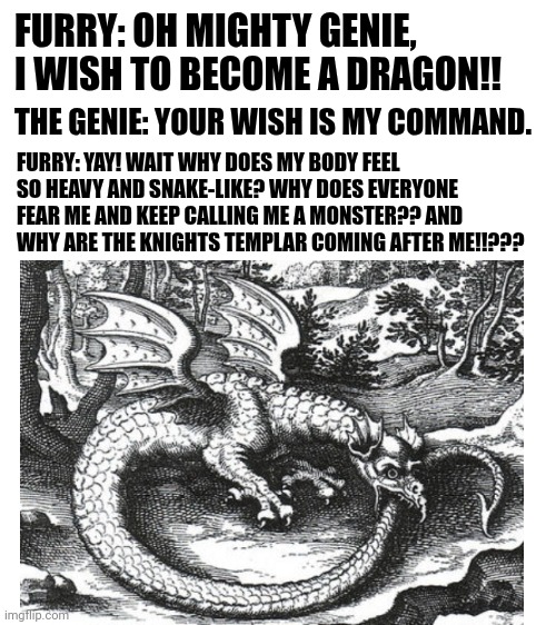 Furry becomes a mythologically accurate European dragon: | FURRY: OH MIGHTY GENIE, I WISH TO BECOME A DRAGON!! THE GENIE: YOUR WISH IS MY COMMAND. FURRY: YAY! WAIT WHY DOES MY BODY FEEL SO HEAVY AND SNAKE-LIKE? WHY DOES EVERYONE FEAR ME AND KEEP CALLING ME A MONSTER?? AND WHY ARE THE KNIGHTS TEMPLAR COMING AFTER ME!!??? | image tagged in funny,anti furry,lol | made w/ Imgflip meme maker