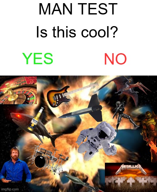 trick question imo | MAN TEST; Is this cool? YES; NO | image tagged in fun stream,fyp,badass,metal,chuck norris approves,cool | made w/ Imgflip meme maker