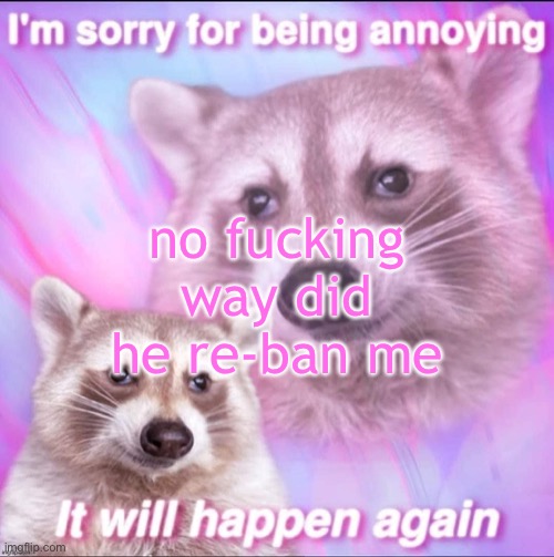 sorry for being annoying | no fucking way did he re-ban me | image tagged in sorry for being annoying | made w/ Imgflip meme maker