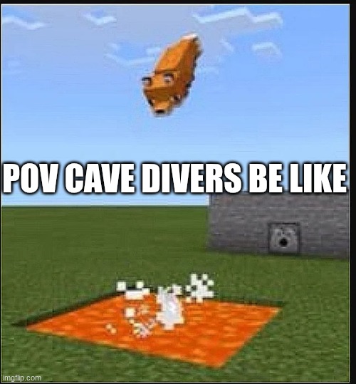 fox jumping into lava | POV CAVE DIVERS BE LIKE | image tagged in fox jumping into lava | made w/ Imgflip meme maker