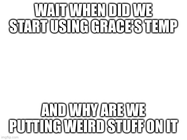 I don't mean to cause drama but it doesn't sit right with me | WAIT WHEN DID WE START USING GRACE'S TEMP; AND WHY ARE WE PUTTING WEIRD STUFF ON IT | image tagged in e | made w/ Imgflip meme maker