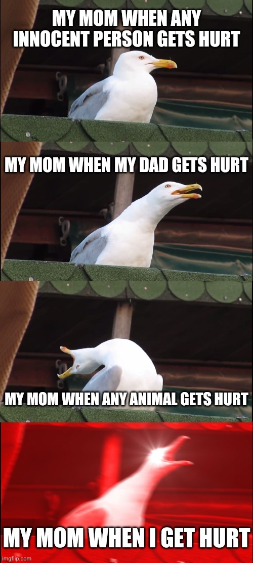 "How dare you hurt my son!" | MY MOM WHEN ANY INNOCENT PERSON GETS HURT; MY MOM WHEN MY DAD GETS HURT; MY MOM WHEN ANY ANIMAL GETS HURT; MY MOM WHEN I GET HURT | image tagged in memes,inhaling seagull,mom,funny | made w/ Imgflip meme maker