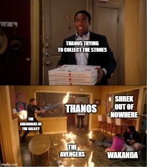 Community Fire Pizza Meme | THANOS TRYING TO COLLECT THE STONES; SHREK OUT OF NOWHERE; THANOS; THE GUARDIANS OF THE GALAXY; THE AVENGERS; WAKANDA | image tagged in community fire pizza meme | made w/ Imgflip meme maker