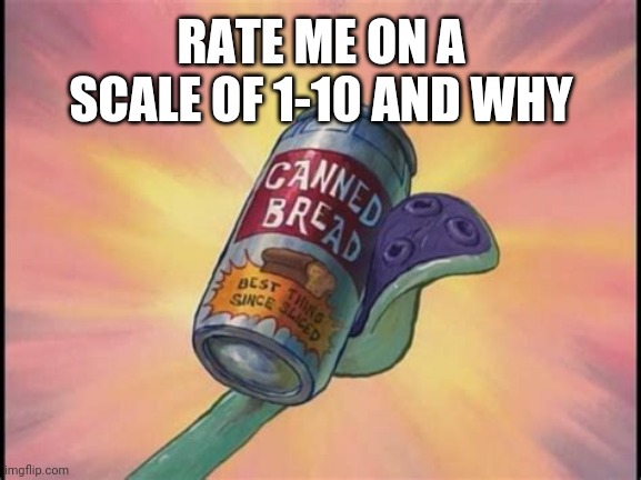 Canned bread | RATE ME ON A SCALE OF 1-10 AND WHY | image tagged in canned bread | made w/ Imgflip meme maker