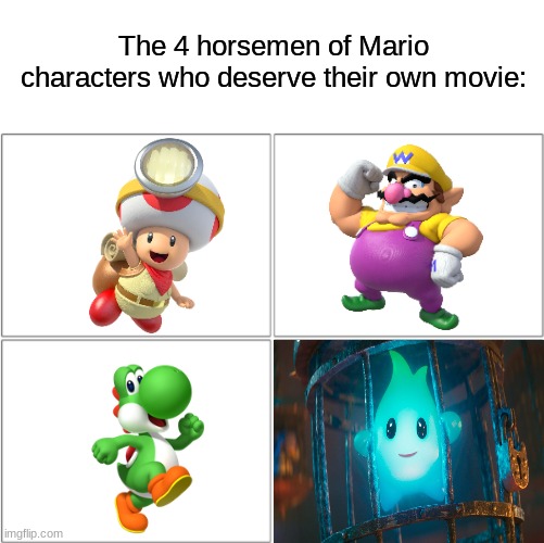 Do it for Mario Day | The 4 horsemen of Mario characters who deserve their own movie: | image tagged in the 4 horsemen of,memes,funny,mario,pop culture | made w/ Imgflip meme maker