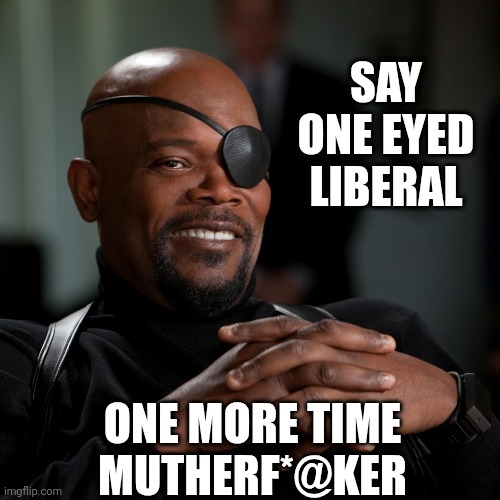 Samuel Jackson | SAY ONE EYED LIBERAL ONE MORE TIME MUTHERF*@KER | image tagged in samuel jackson | made w/ Imgflip meme maker