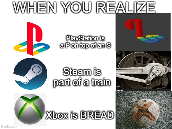 It all makes sense now... | WHEN YOU REALIZE; PlayStation is a P on top of an S; Steam is part of a train; Xbox is BREAD | image tagged in gaming,when you realize | made w/ Imgflip meme maker