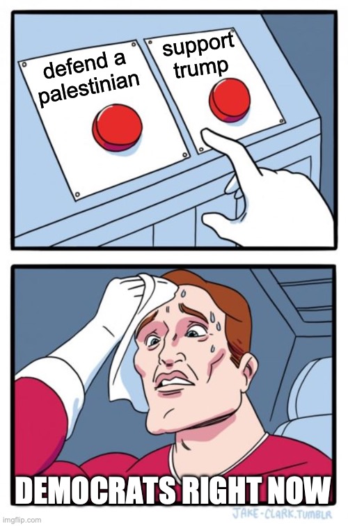 Two Buttons Meme | support trump; defend a palestinian; DEMOCRATS RIGHT NOW | image tagged in memes,two buttons | made w/ Imgflip meme maker