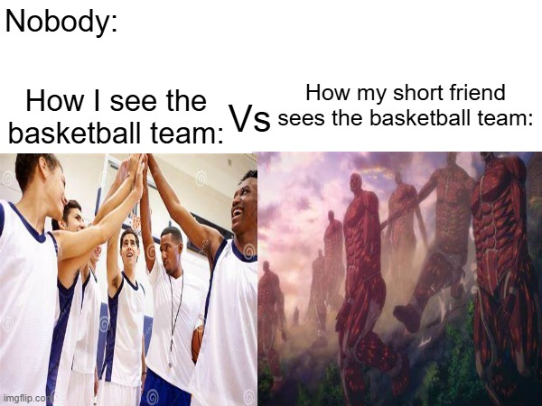 Short person POV: | Nobody:; How my short friend sees the basketball team:; Vs; How I see the basketball team: | image tagged in attack on titan,short people | made w/ Imgflip meme maker