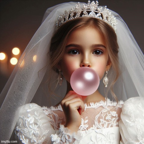 So beautiful, so sophisticated, so elegant, but not quite all grown up | image tagged in little girl,blowing,white dress,veil,tiara,bubblegum | made w/ Imgflip meme maker