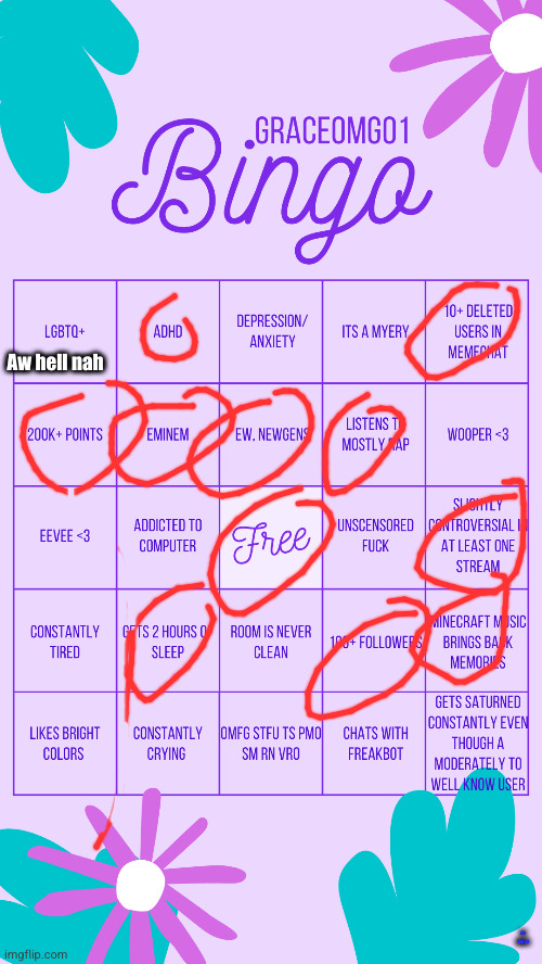 this cringe basically screaming for attention | Aw hell nah; Ah hell no | image tagged in graceomg01 bingo | made w/ Imgflip meme maker