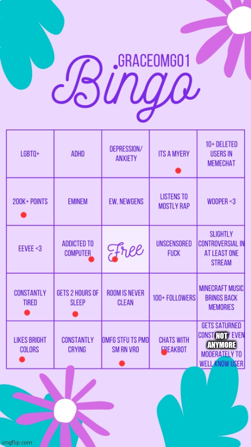 GraceOMG01 bingo | NOT ANYMORE | image tagged in graceomg01 bingo | made w/ Imgflip meme maker