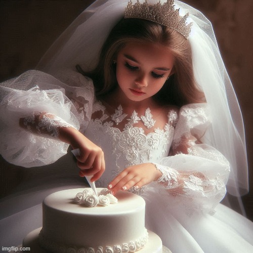 Wearing a white dress and making a white cake | image tagged in little girl,white dress,veil,tiara,cake,decorating | made w/ Imgflip meme maker