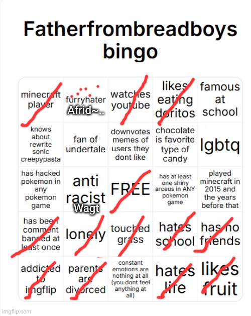 fatherfrombreadboys bingo | Afrid~.. Wagt | image tagged in fatherfrombreadboys bingo | made w/ Imgflip meme maker