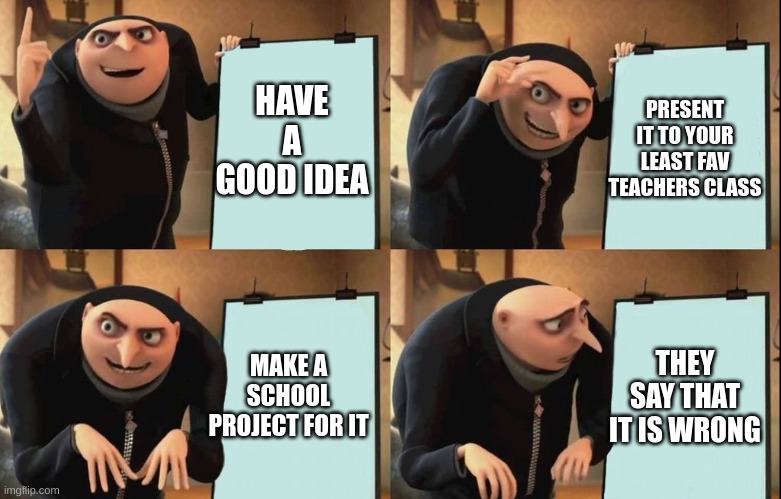 gru chart | HAVE A GOOD IDEA; PRESENT IT TO YOUR LEAST FAV TEACHERS CLASS; MAKE A SCHOOL PROJECT FOR IT; THEY SAY THAT IT IS WRONG | image tagged in gru chart | made w/ Imgflip meme maker