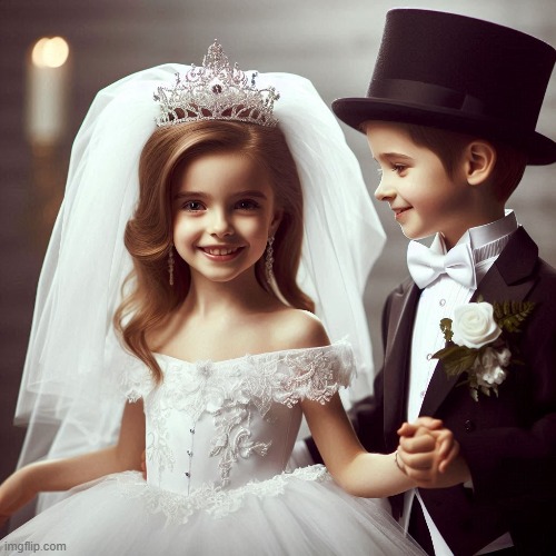 Very young love | image tagged in white dress,veil,tiara,tuxedo,little boy,little girl | made w/ Imgflip meme maker