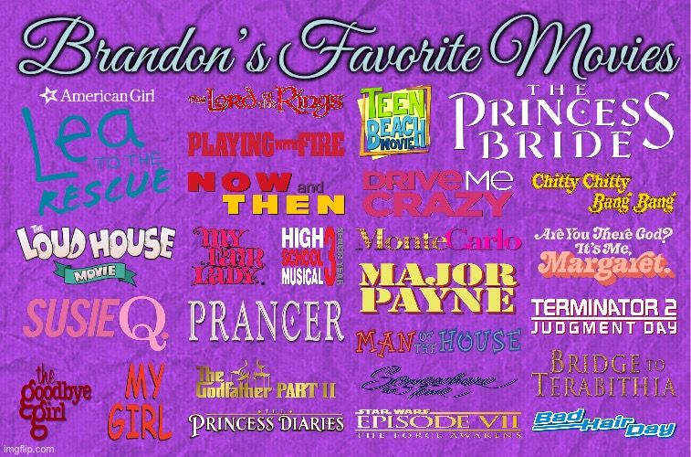 Brandon's Favorite Movies | Brandon’s Favorite Movies | image tagged in generic purple background,the loud house,terminator 2,disney princess,star wars,selena gomez | made w/ Imgflip meme maker