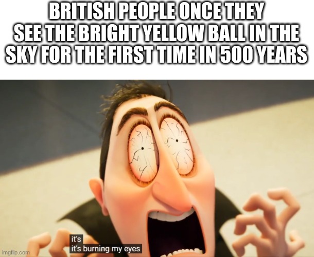 i cant say how much ive never seen the sun in british things | BRITISH PEOPLE ONCE THEY SEE THE BRIGHT YELLOW BALL IN THE SKY FOR THE FIRST TIME IN 500 YEARS | image tagged in it's burning my eyes,ballin,memes,funny | made w/ Imgflip meme maker