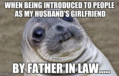 Awkward Moment Sealion | WHEN BEING INTRODUCED TO PEOPLE AS MY HUSBAND'S GIRLFRIEND BY FATHER IN LAW..... | image tagged in memes,awkward moment sealion | made w/ Imgflip meme maker