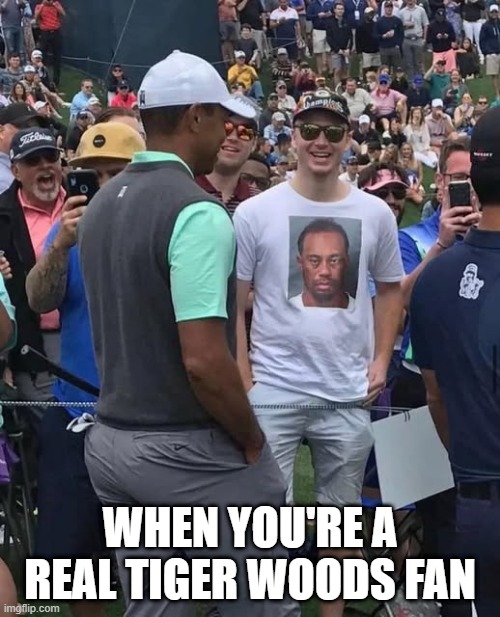 Go Tiger | WHEN YOU'RE A REAL TIGER WOODS FAN | image tagged in tiger woods | made w/ Imgflip meme maker