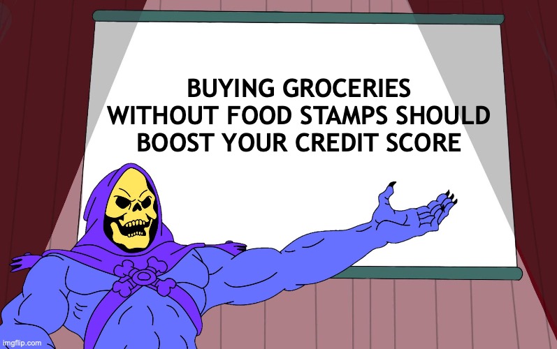 No Food Stamps - Boost Credit | BUYING GROCERIES WITHOUT FOOD STAMPS SHOULD BOOST YOUR CREDIT SCORE | image tagged in skeletor,food stamps,credit score,income,money | made w/ Imgflip meme maker