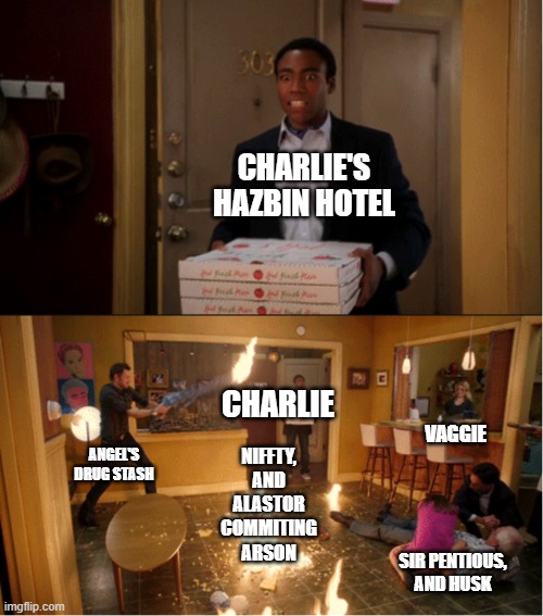 Community Fire Pizza Meme | CHARLIE'S HAZBIN HOTEL; CHARLIE; NIFFTY, AND ALASTOR COMMITING ARSON; VAGGIE; ANGEL'S DRUG STASH; SIR PENTIOUS, AND HUSK | image tagged in community fire pizza meme | made w/ Imgflip meme maker