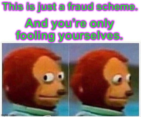 Monkey Puppet | This is just a fraud scheme. And you’re only fooling yourselves. | image tagged in memes,monkey puppet | made w/ Imgflip meme maker