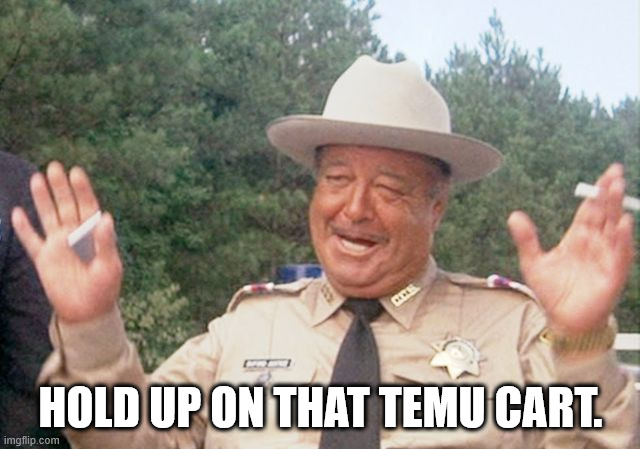 IMPULSE BUY! | HOLD UP ON THAT TEMU CART. | image tagged in buford t justice,smokey and the bandit,shopping,temu | made w/ Imgflip meme maker