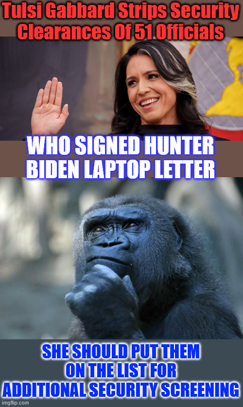 She should put them on the list for additional security screening | Tulsi Gabbard Strips Security Clearances Of 51 Officials; WHO SIGNED HUNTER BIDEN LAPTOP LETTER; SHE SHOULD PUT THEM ON THE LIST FOR ADDITIONAL SECURITY SCREENING | image tagged in deep thoughts,tulsi gabbard,do to them what they did to you,51 treasonous liars | made w/ Imgflip meme maker