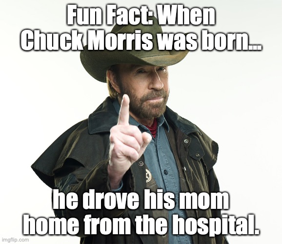 Chuck Norris | Fun Fact: When Chuck Morris was born... he drove his mom home from the hospital. | image tagged in chuck norris | made w/ Imgflip meme maker