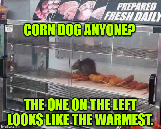 Corn dog? | CORN DOG ANYONE? THE ONE ON THE LEFT LOOKS LIKE THE WARMEST. | image tagged in dark humour,corn dogs,yum | made w/ Imgflip meme maker