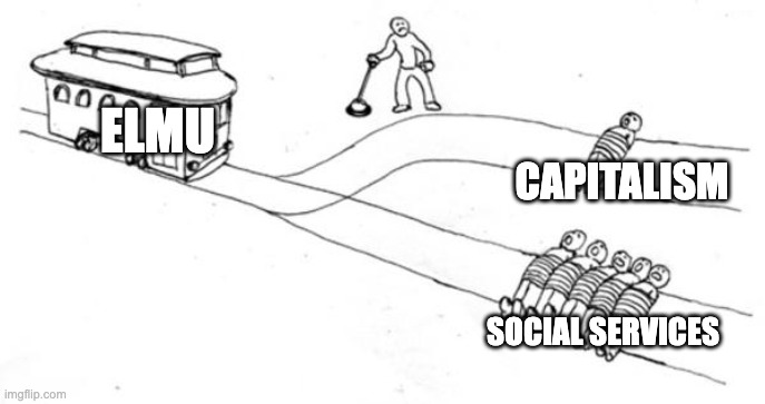 Trolley Problem | ELMU; CAPITALISM; SOCIAL SERVICES | image tagged in trolley problem | made w/ Imgflip meme maker