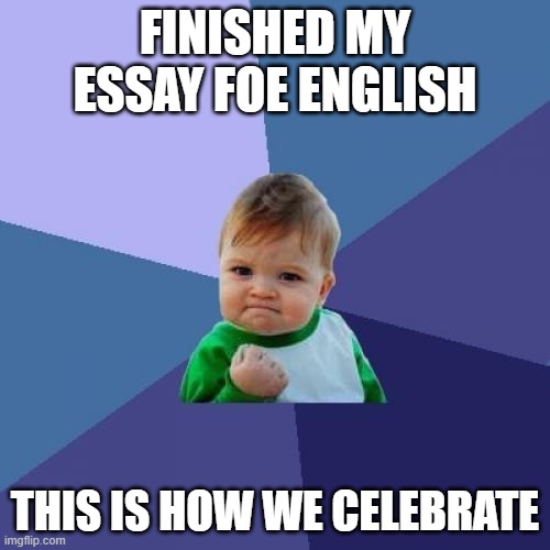 yall i did it! plz comment, idc if you upvote or not, but remeber it helps both of us | FINISHED MY ESSAY FOE ENGLISH; THIS IS HOW WE CELEBRATE | image tagged in memes,success kid | made w/ Imgflip meme maker