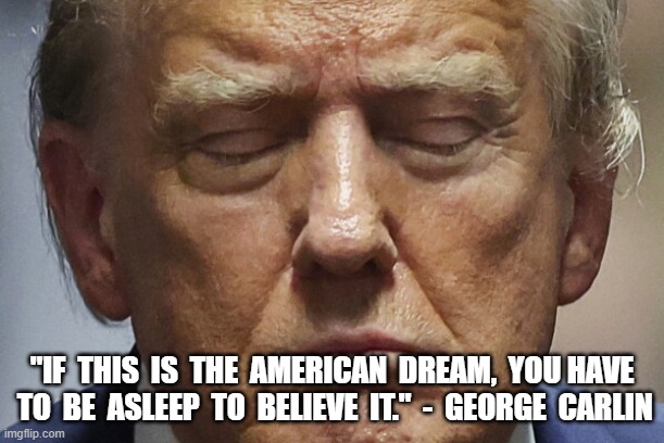 UnBeautiful Dreamer | "IF  THIS  IS  THE  AMERICAN  DREAM,  YOU HAVE  TO  BE  ASLEEP  TO  BELIEVE  IT."  -  GEORGE  CARLIN | image tagged in donald trump | made w/ Imgflip meme maker