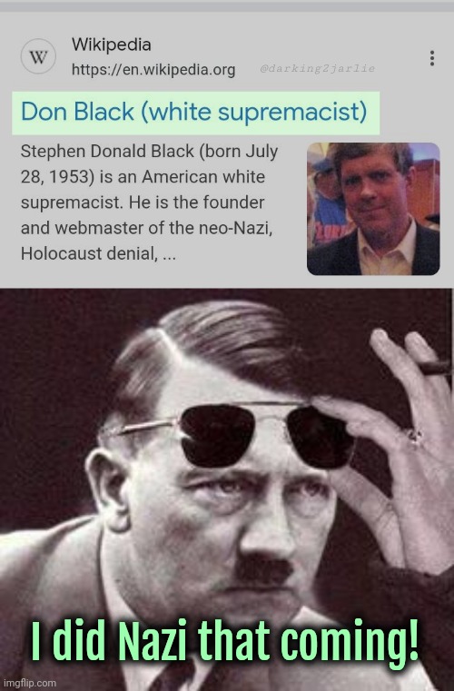 What an ironic name! The Aryony! | @darking2jarlie; I did Nazi that coming! | image tagged in hitler sunglasses,white supremacy,nazi,irony | made w/ Imgflip meme maker