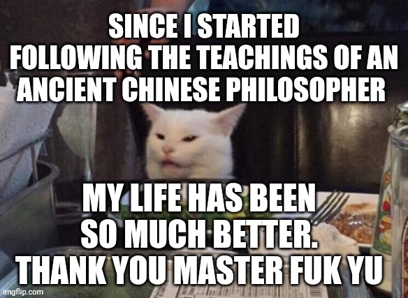 Smudge that darn cat | SINCE I STARTED FOLLOWING THE TEACHINGS OF AN ANCIENT CHINESE PHILOSOPHER; MY LIFE HAS BEEN SO MUCH BETTER. THANK YOU MASTER FUK YU | image tagged in smudge that darn cat | made w/ Imgflip meme maker