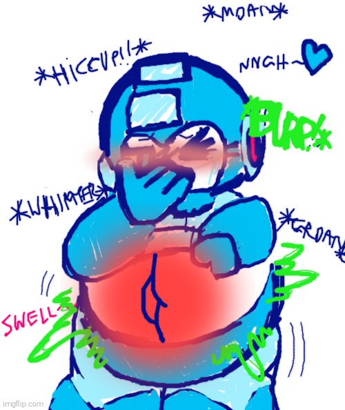 MegaMan Accidentally swallowed a Blimp Fruit | image tagged in megaman,big belly,tummy inflation,blimp fruit,burp,swollen tummy | made w/ Imgflip meme maker