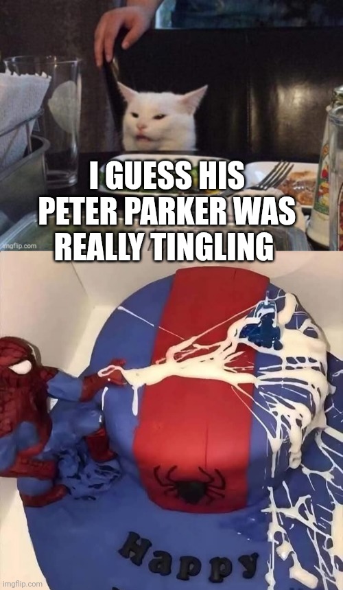 I GUESS HIS PETER PARKER WAS REALLY TINGLING | image tagged in smudge that darn cat | made w/ Imgflip meme maker