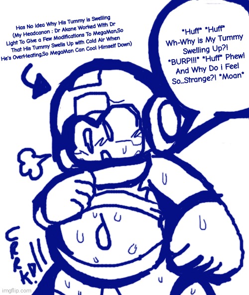 MegaMan's Swelling New Function~! (Hitoshi Ariga MegaMan inflation) | Has No idea Why His Tummy is Swelling (My Headcanon : Dr Akane Worked With Dr Light To Give a Few Modifications To MegaMan,So That His Tummy Swells Up with Cold Air When He's OverHeating,So MegaMan Can Cool Himself Down); *Huff* *Huff* Wh-Why is My Tummy Swelling Up?! *BURP!!!* *Huff* Phew! And Why Do i Feel So...Strange?! *Moan* | image tagged in megaman,big belly,overheating,tummy inflation,hitoshi ariga megaman,dr akane mentioned | made w/ Imgflip meme maker